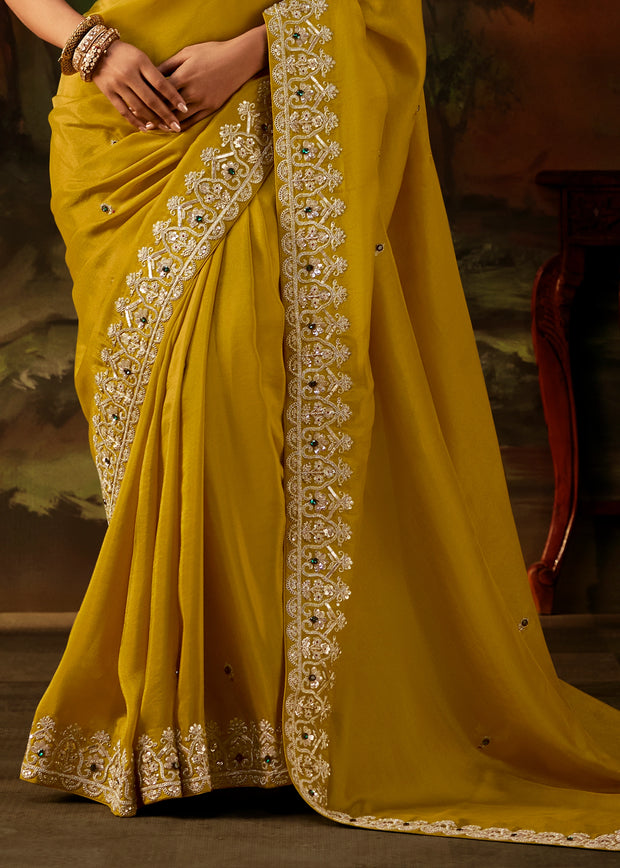 Yellow Embroidered Tissue Saree