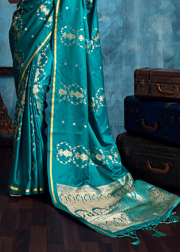 Teal Blue Woven Banarasi Satin Silk Saree