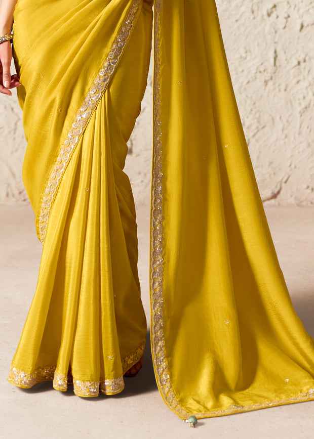 Lime Yellow Designer Organza Tissue Silk Saree With Printed Blouse