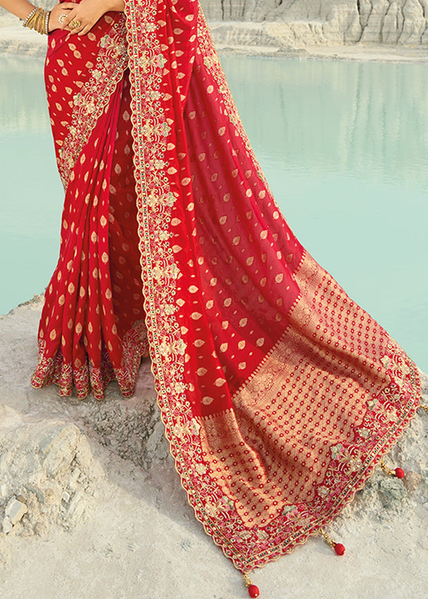 Cherry Red Woven Banarasi Embroidered Soft SIlk Saree