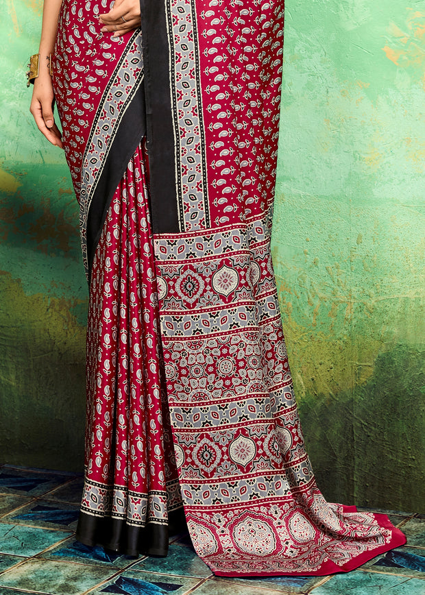 Scarlet Red Printed Satin Silk Saree