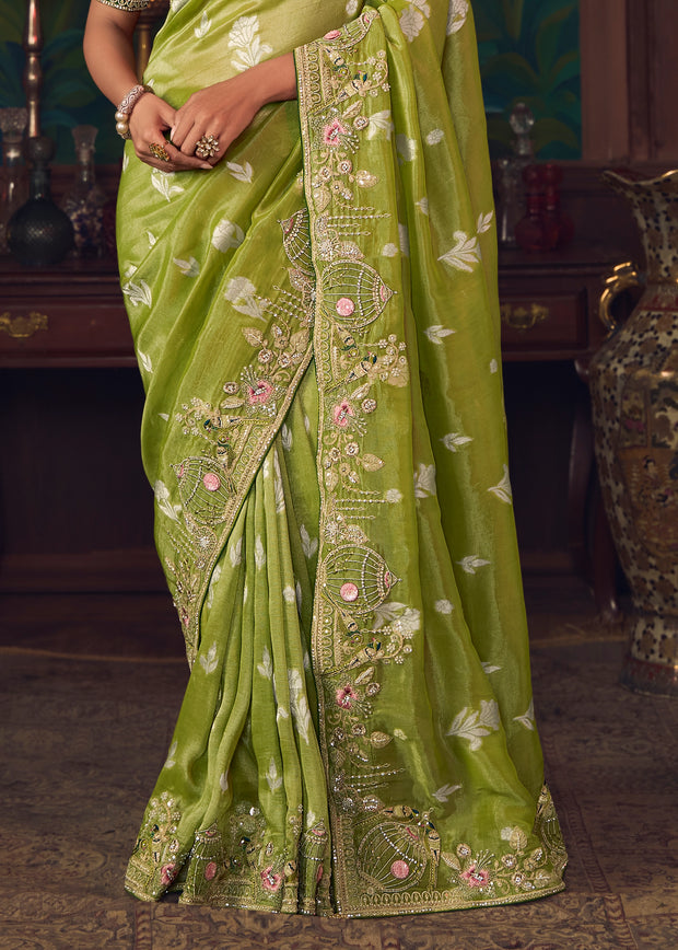 Sage Green Designer Embroidered Saree