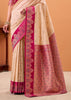 Cream And Pink Banarasi Satin Silk Saree