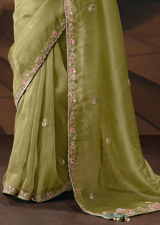 Kiwi Green Embroidered Designer Saree