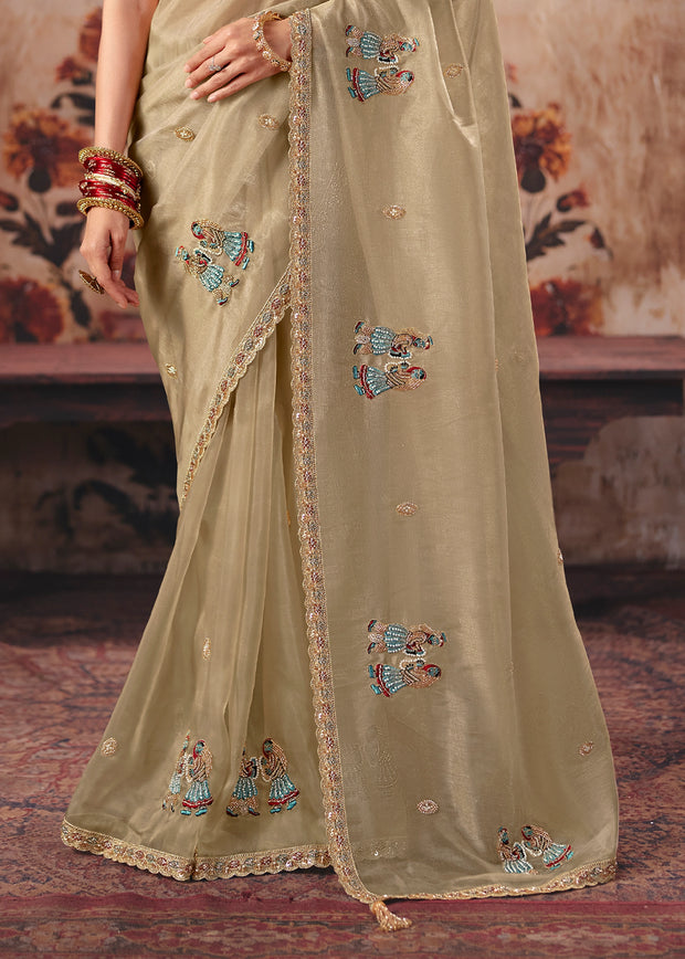 Beige Designer Organza Saree With Embroidered Blouse
