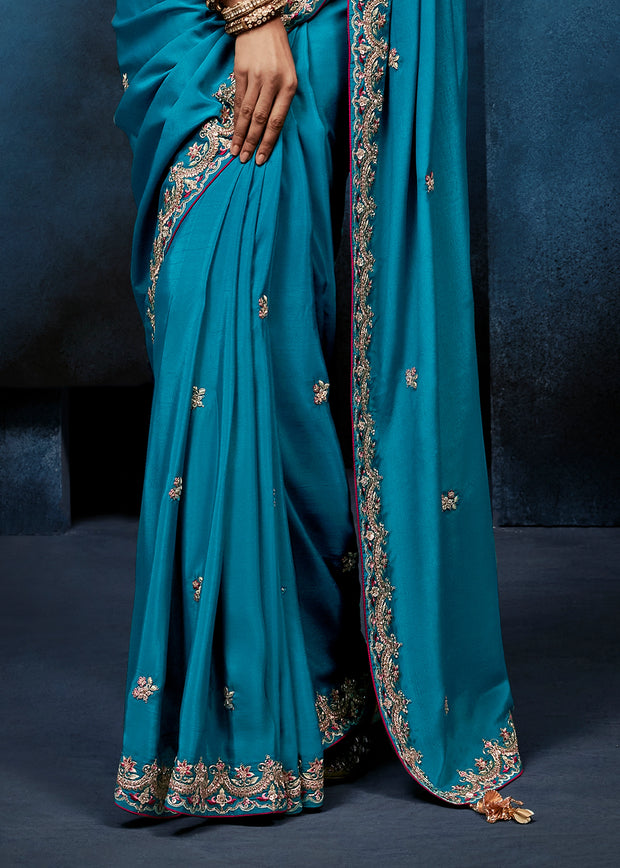 Teal Blue Embroidered Designer Tissue Saree