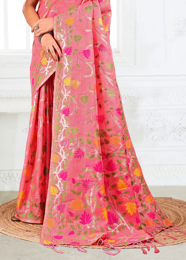 Peach Pink Woven Linen Cotton Silk Saree