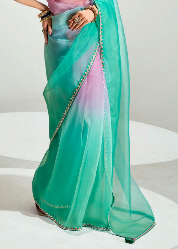 Aqua Green Ombre Designer Tissue Saree With Embroidered Blouse
