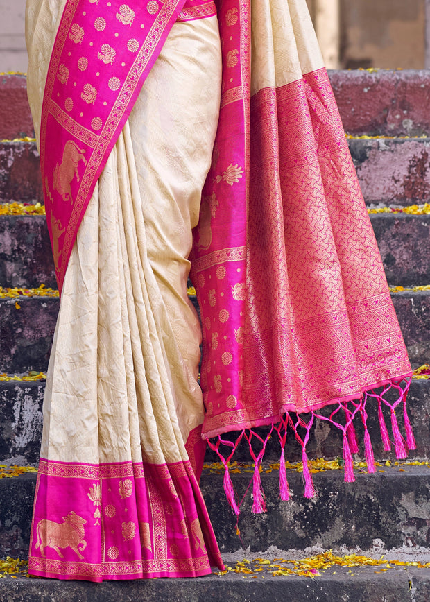White And Pink Woven Banarasi Silk Saree
