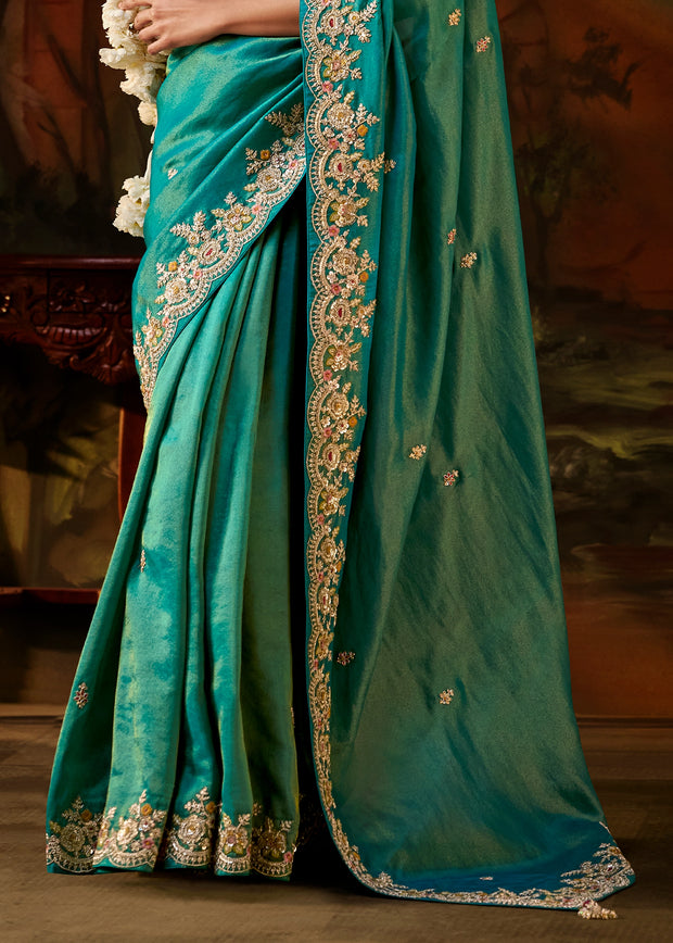 Peacock Green Embroidered Tissue Saree