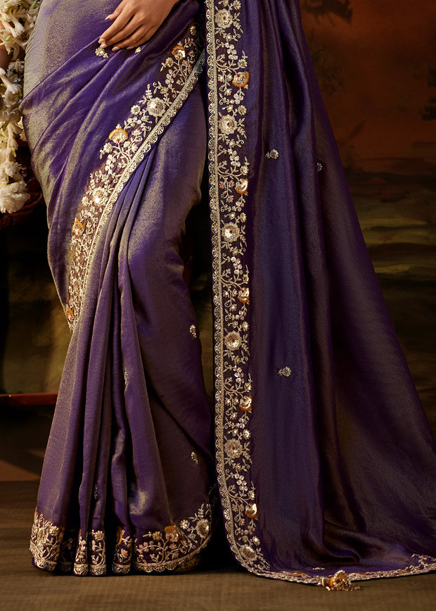 Royal Purple Embroidered Tissue Saree