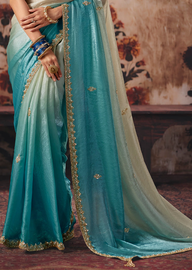 Cream And Blue Designer Satin Silk Saree With Embroidered Blouse