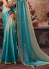 Cream And Blue Designer Satin Silk Saree With Embroidered Blouse