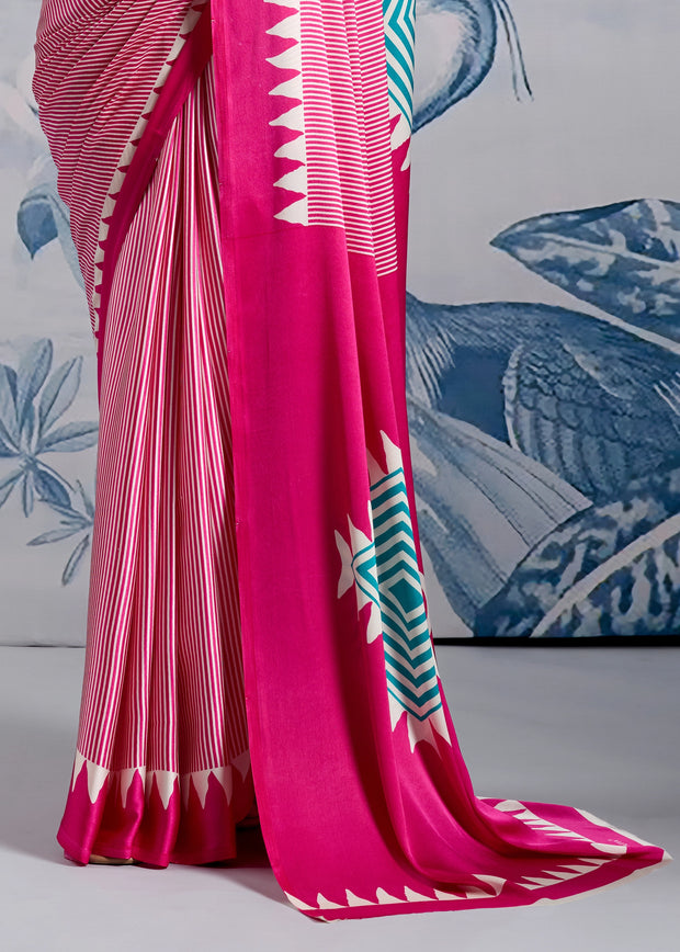 Fuchsia Pink Printed Satin Silk Saree