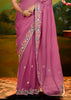 Dusky Pink Heavy Embroidered Designer Silk Saree With contrast Blouse