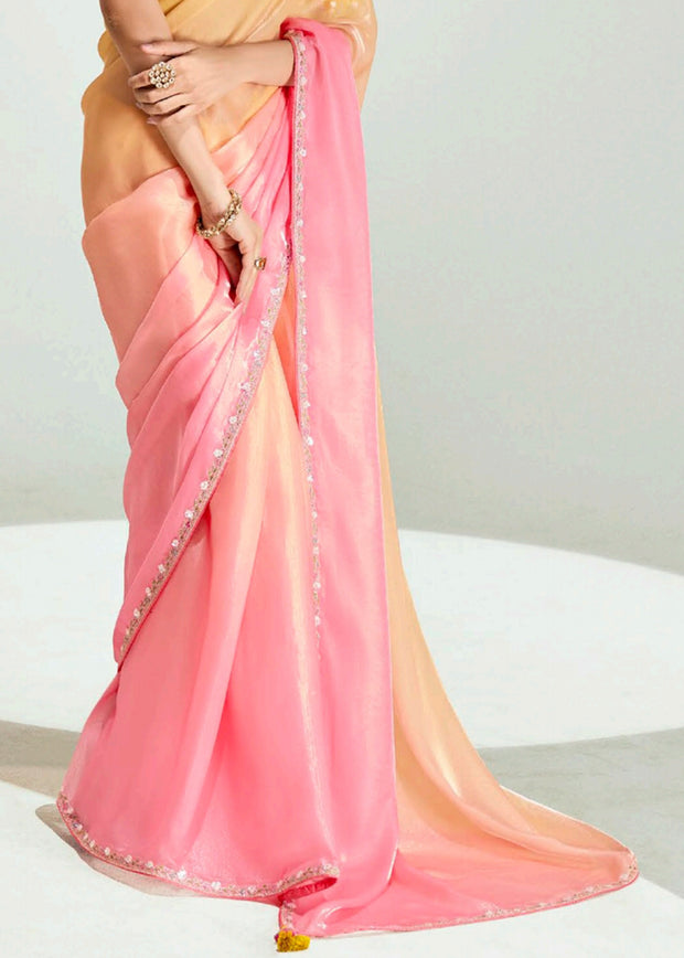 Pink Ombre Designer Tissue Saree With Embroidered Blouse