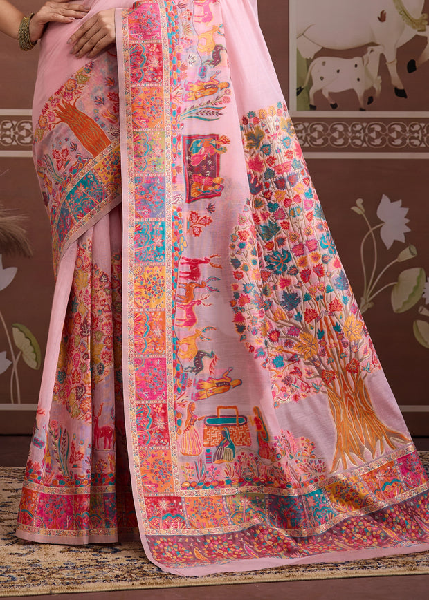 Blush Pink Woven Cotton Kashmiri Jamewar Saree