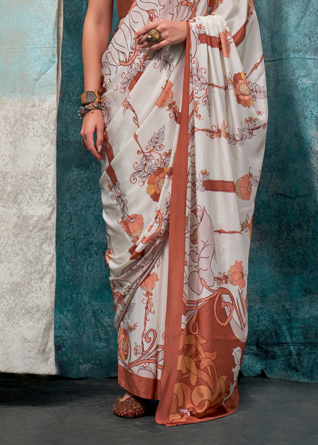 White And Brown Satin Crepe Printed Silk Saree