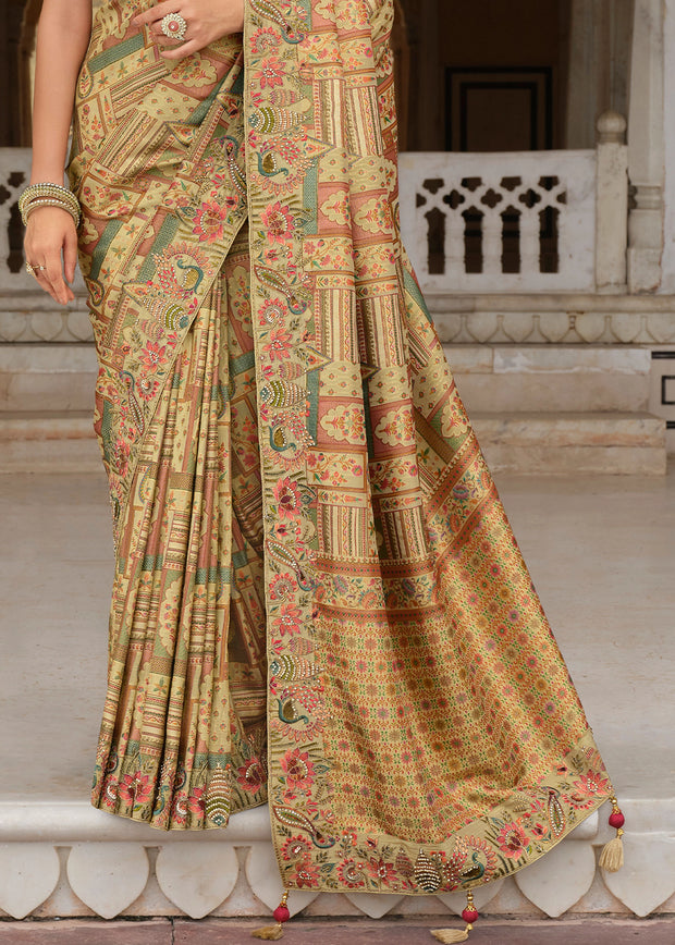 Golden Beige Designer Embroidered Silk Saree