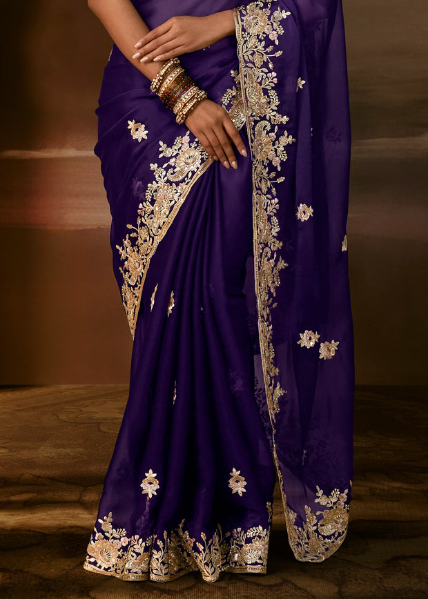 Grape Violet Embroidered Designer Organza Saree