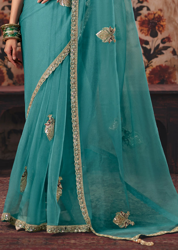 Sea Green Designer Organza Saree With Embroidered Blouse