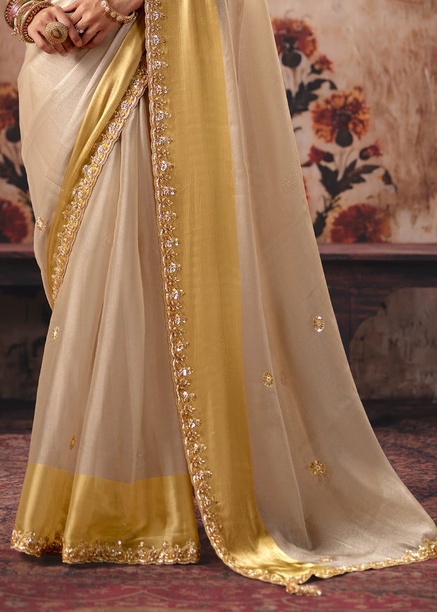 Golden Beige Designer Satin Silk Saree With Embroidered Blouse