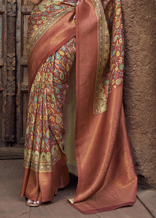 Earth Red Floral Printed Soft Silk Saree