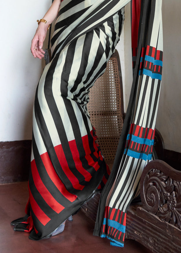 Black White Bold Stripe Printed Satin Crepe Saree