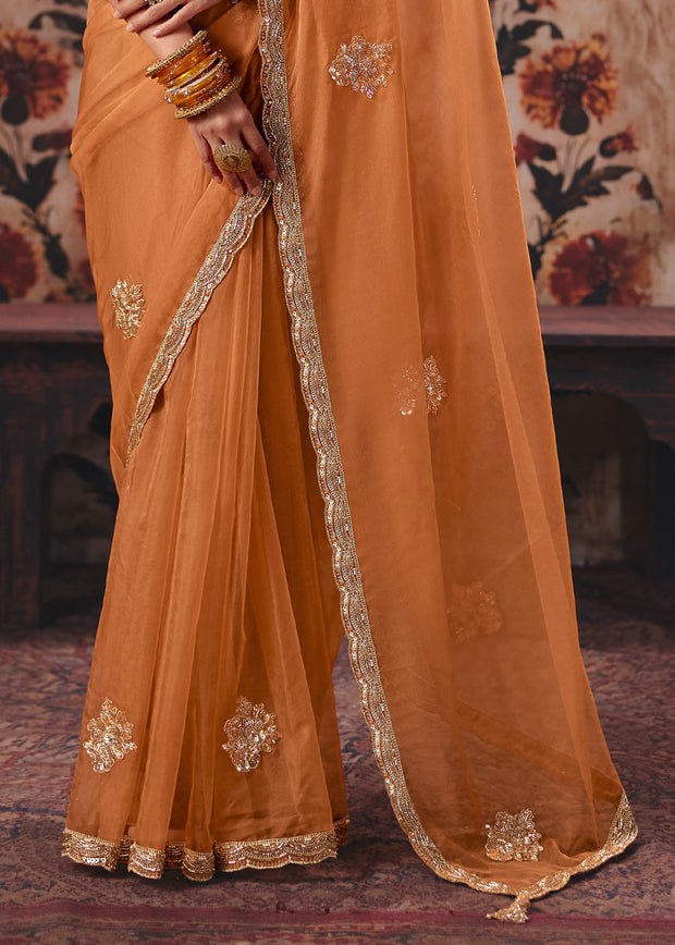 Rust Orange Designer Organza Saree With Embroidered Blouse