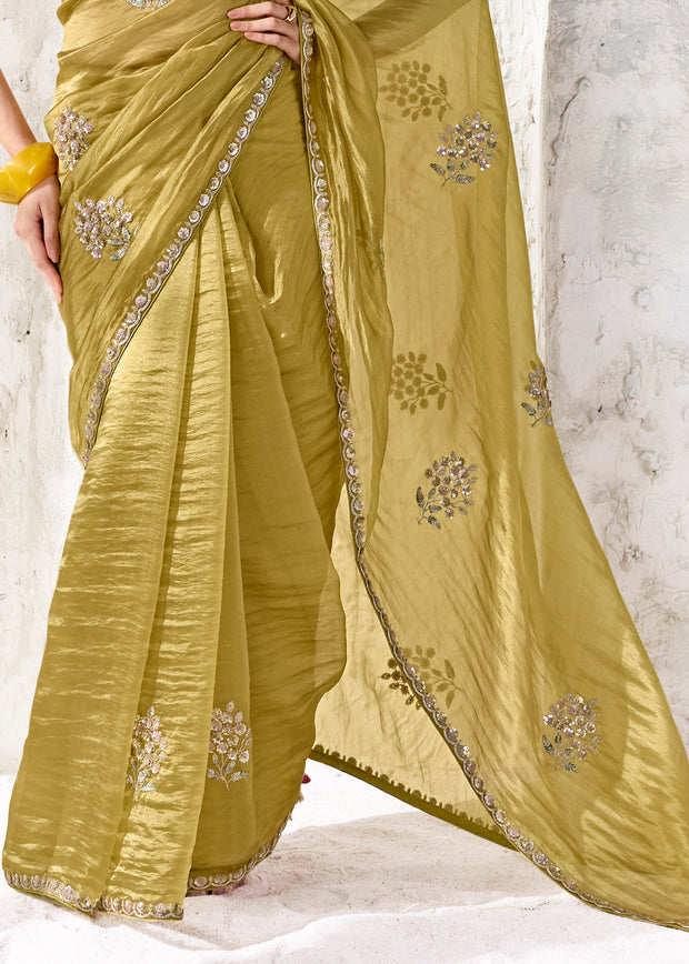 Golden Green Designer Organza Silk Saree With Printed Blouse