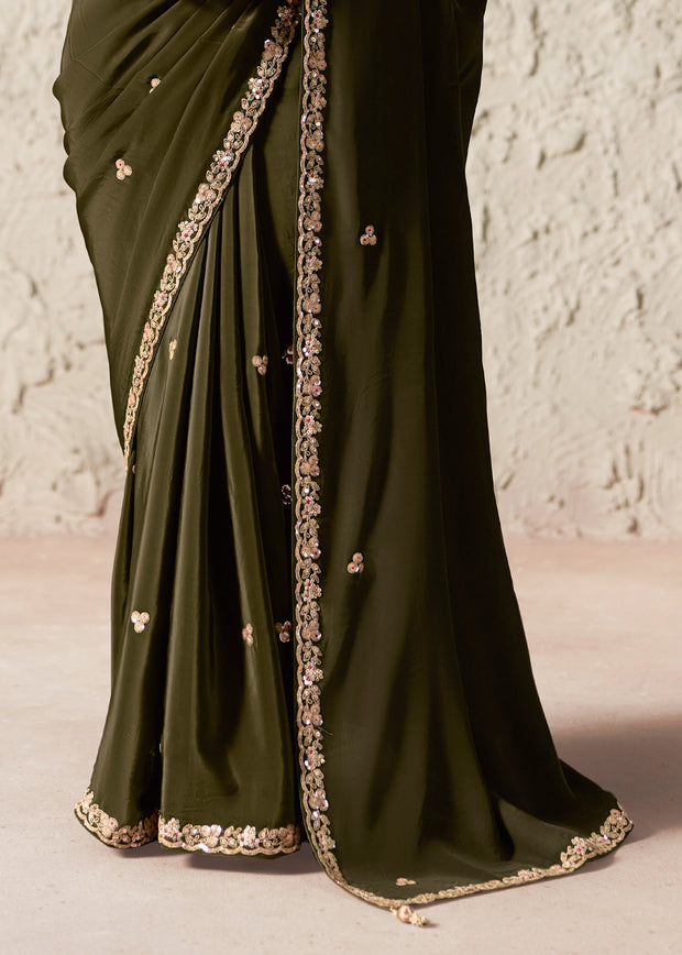 Olive Green Designer Organza Tissue Silk Saree With Printed Blouse