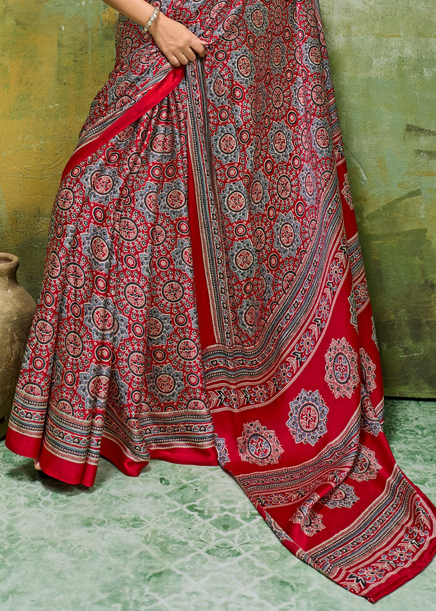 Red Printed Satin Silk Saree
