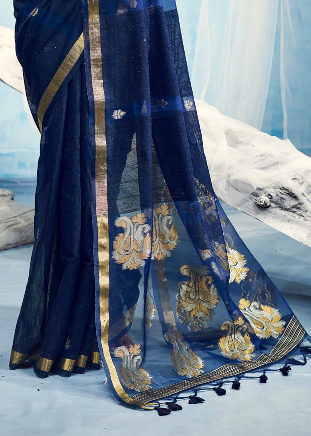 Midnight Blue Woven Cotton Silk Saree