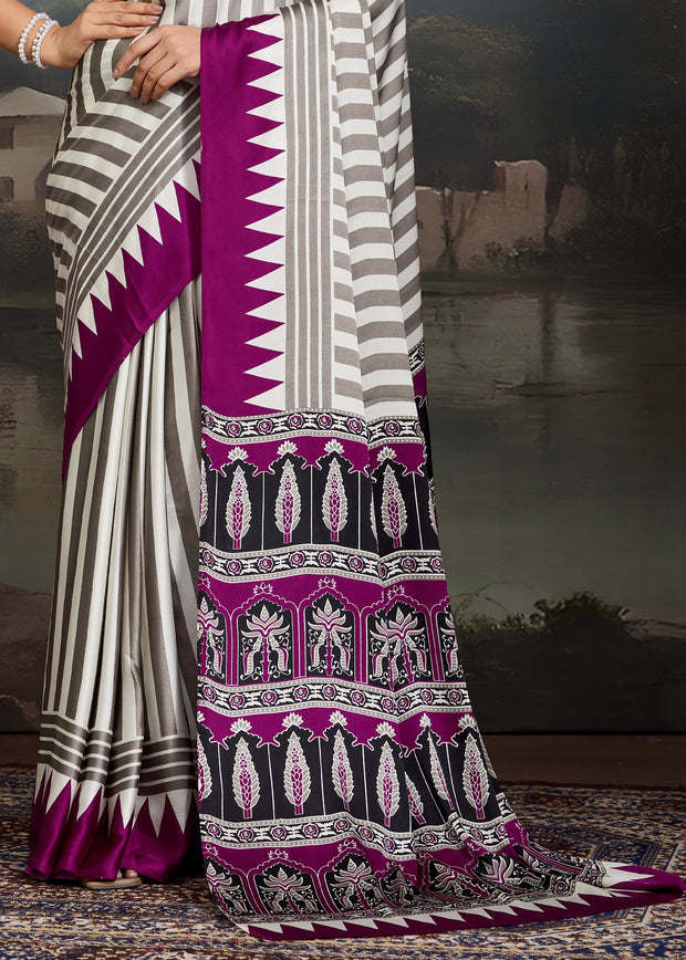 Plum Purple And White Printed Satin Silk Saree