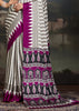 Plum Purple And White Printed Satin Silk Saree