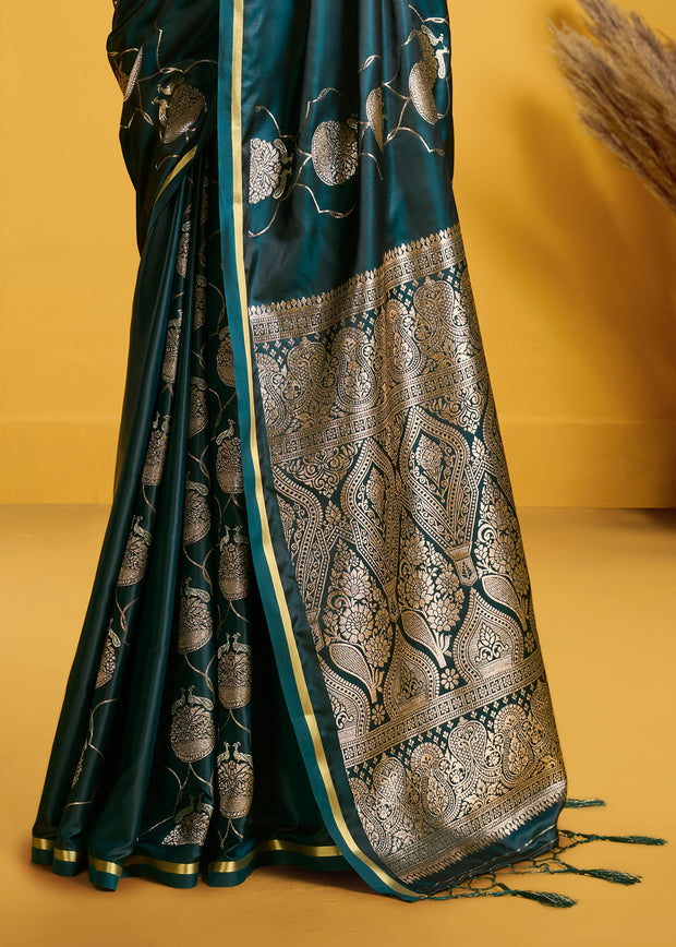 Pacific Green Banarasi Satin Silk Saree
