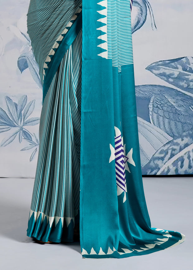 Teal Blue Printed Satin Silk Saree