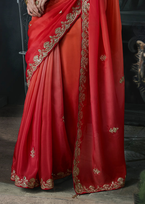 Rose Red Embroidered Designer Saree