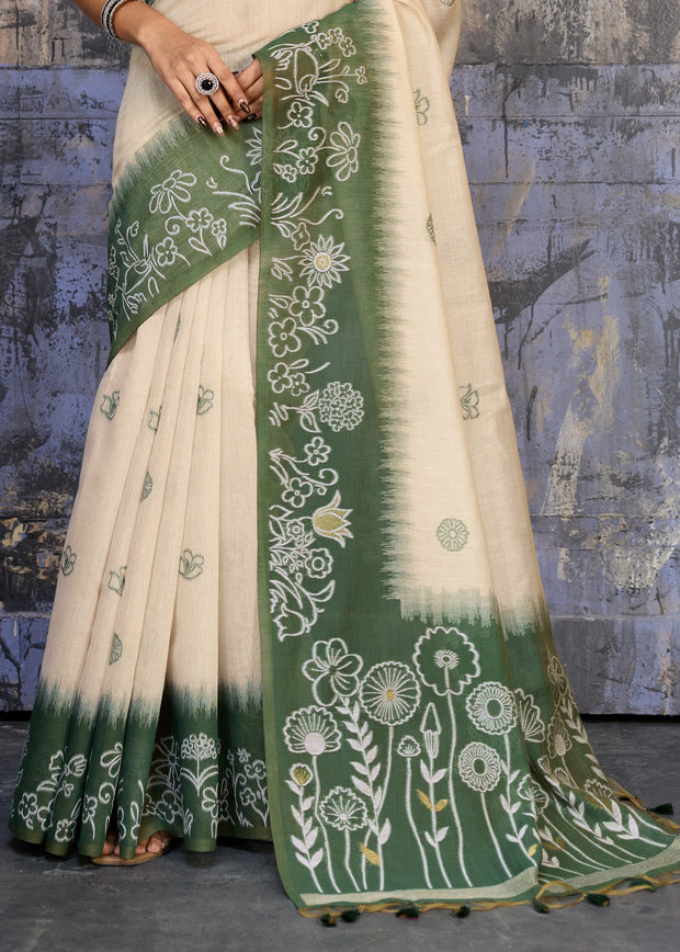 Antique Green Printed Cotton Silk Saree