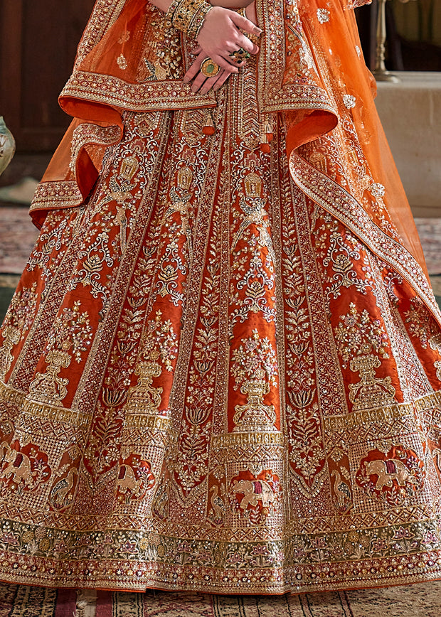 Rust Orange Heavy Embroidered Designer Lehenga