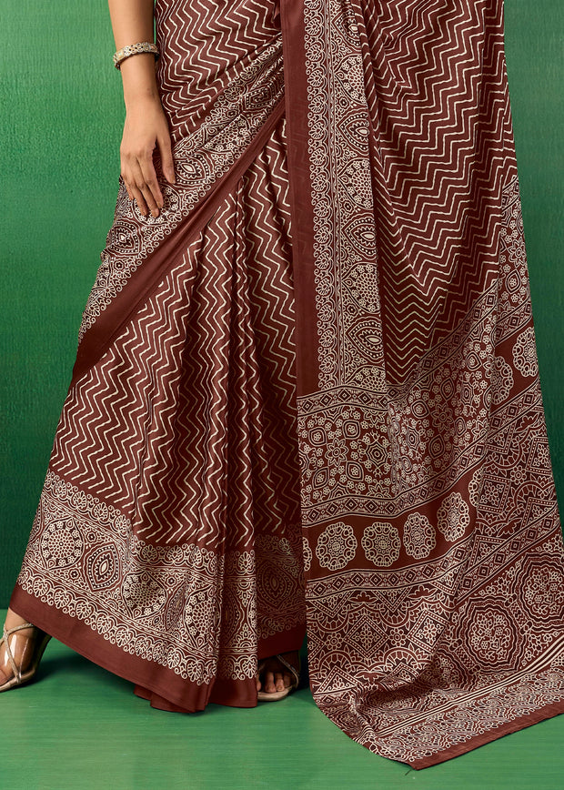 Coffee Brown Printed Satin Silk Saree