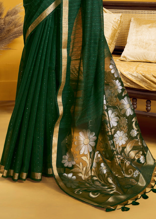 Forest Green Woven Cotton Silk Saree