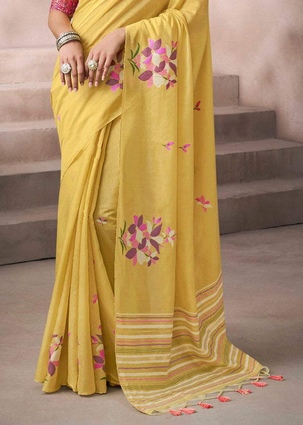 “Exclusive Offer” : Elegant Yellow Woven Cotton Silk Saree