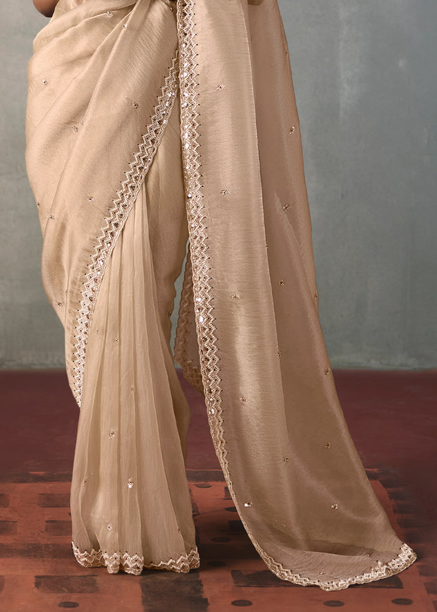 Golden Beige Embroidered Silk Saree With Heavy Blouse