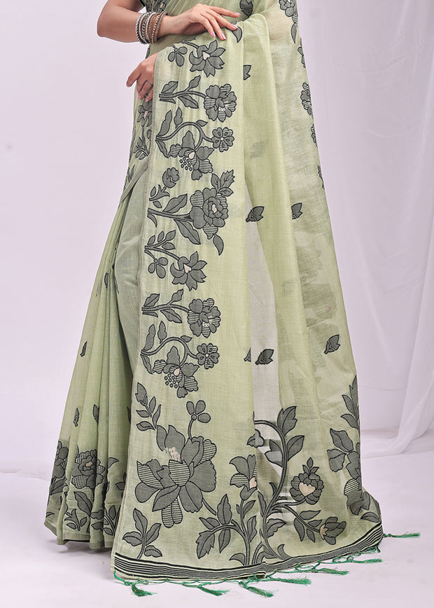 Pistachio Green Woven Cotton Linen Silk Saree