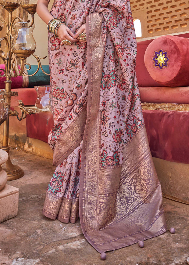 Mist Purple Floral Printed Silk Saree With Contrast Border