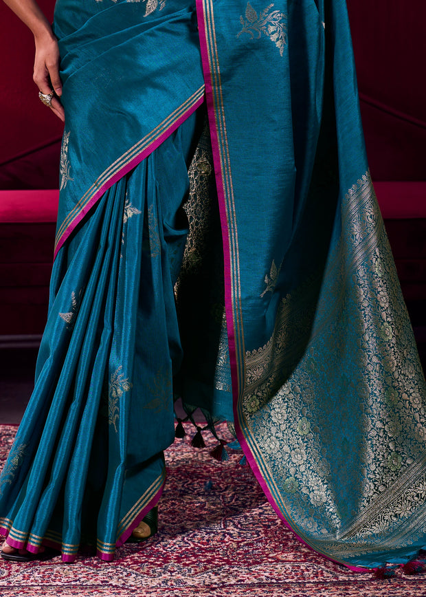 Moroccan Blue Woven Banarasi Satin Linen Silk Saree