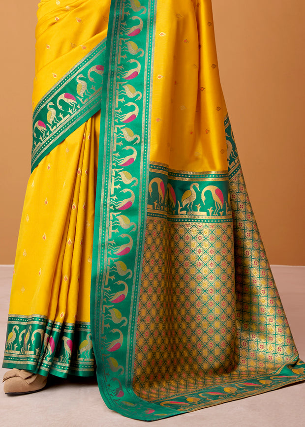 Bright Yellow Woven Banarasi Silk Saree