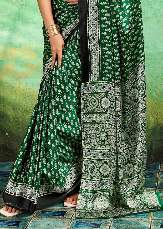 Forest Green Printed Satin Silk Saree