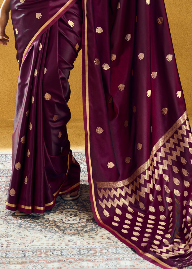 Wine Purple Woven Banarasi Satin Silk Saree